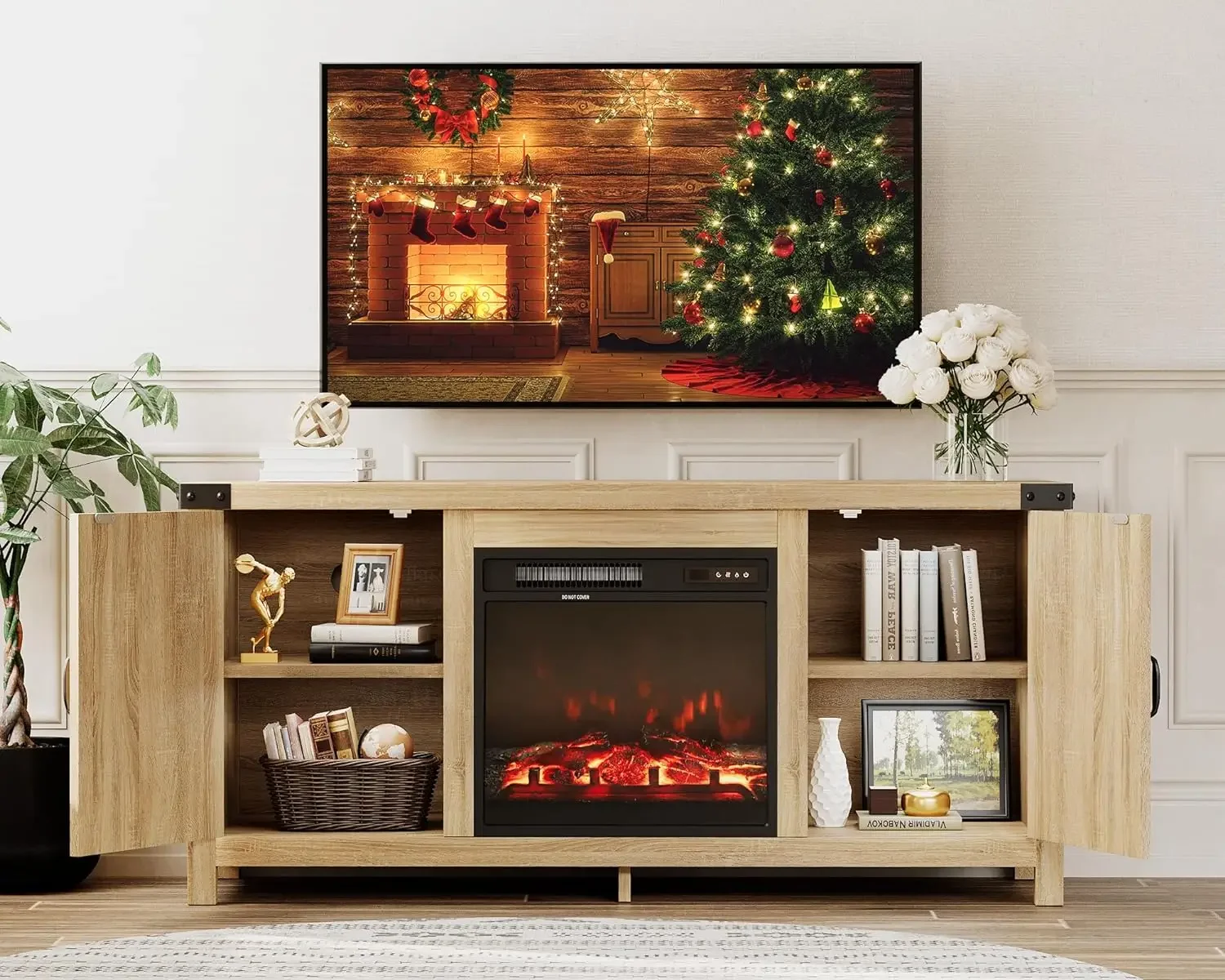 TV Stand for 65In TV Farmhouse Entertainment Center w/ Barn Doors & Storage Cabinets,Console Table Media, with/without Fireplace