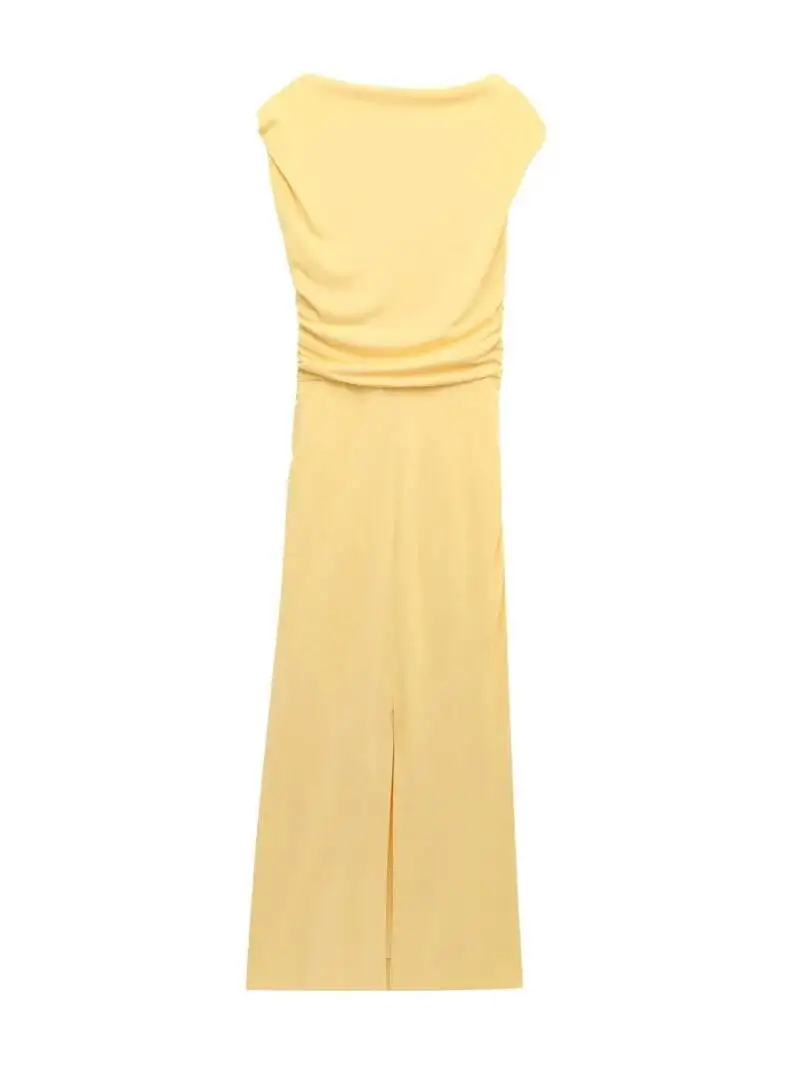 Vintage Casual Women Dress Yellow Solid O-Neck Sleeveless Asymmetrical Straight Vestidos Fashion 2025 Spring Summer Dress XWJ7