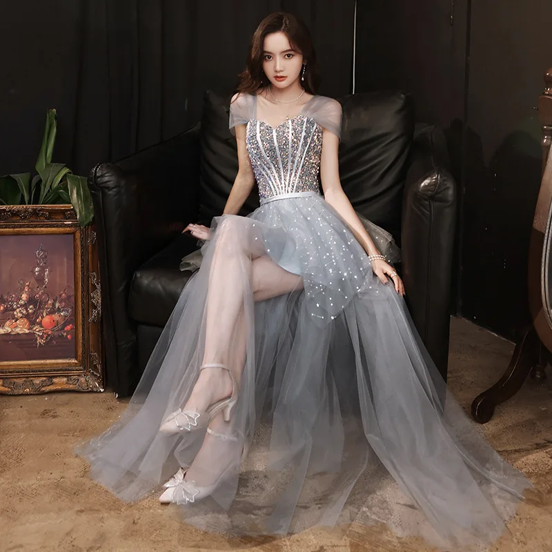 

Women's Gray Evening Dress Birthday Party Gown French Petite Celebrity Hostess