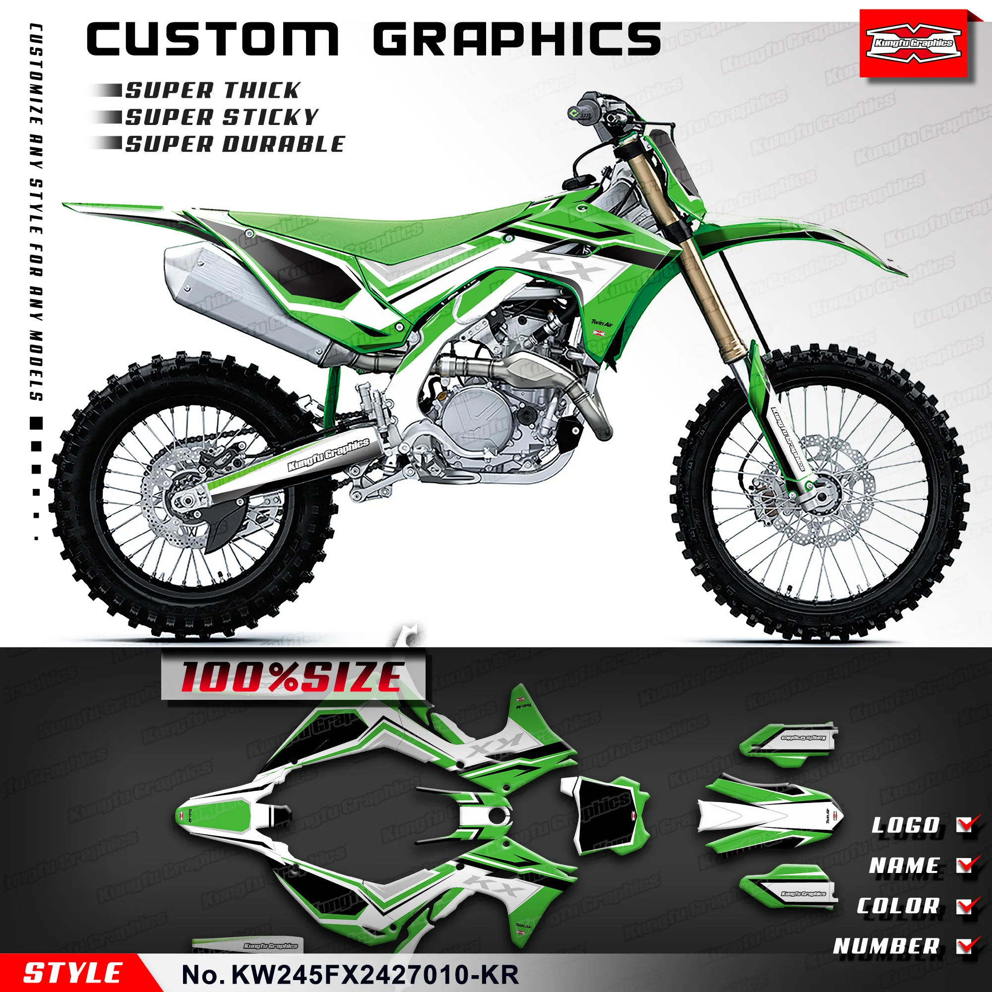 KUNGFU GRAPHICS Adhesive Sticker Laminated Decals for Kawasaki KX450 KX450X KX450F 2024, KW245FX2427010-KR