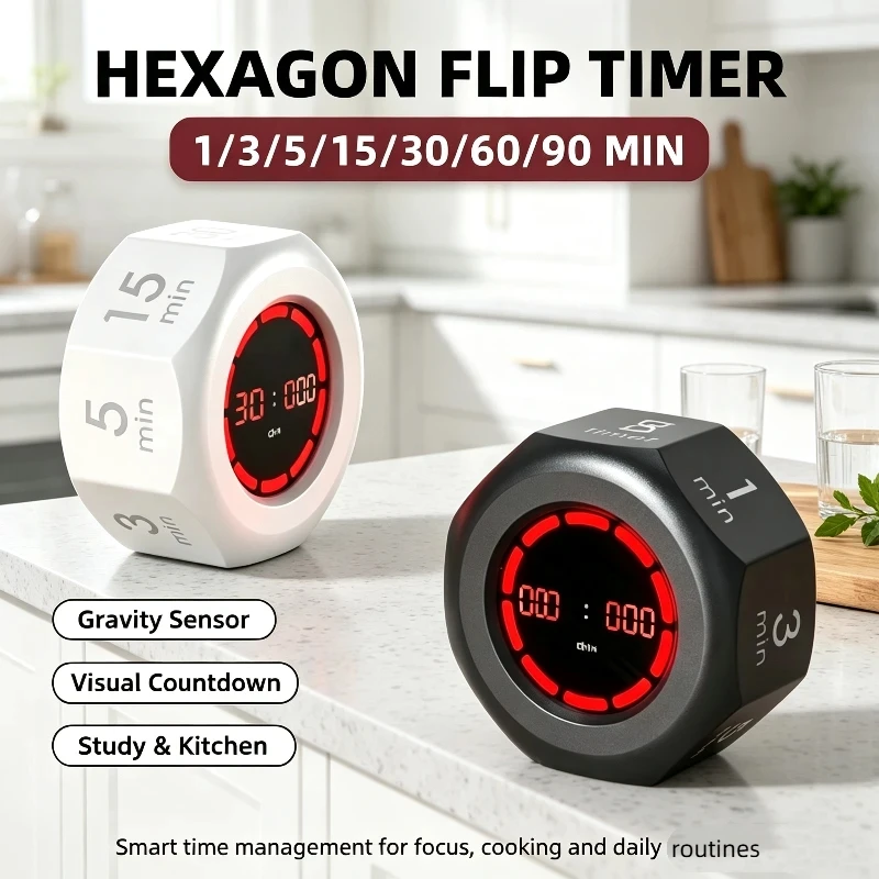 Flip Digital Timer, Gravity Sensor Visual Countdown Timer, 1/3/5/15/30/60/90 Min Preset Time Management Tool For Kitchen Office