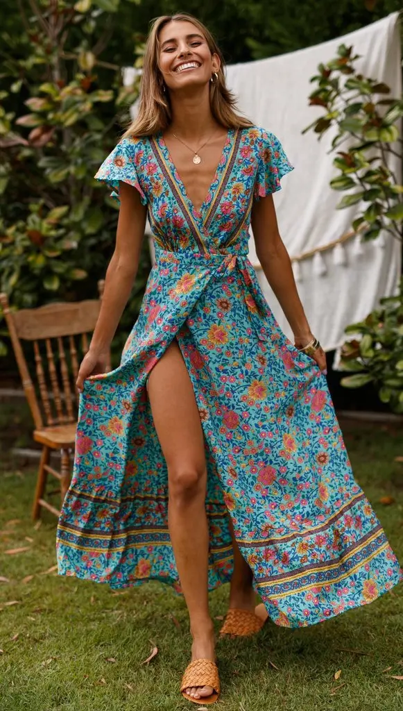 2024 cross-border new product summer casual hot-selling vacation printed dress sexy long dress women\'s clothing