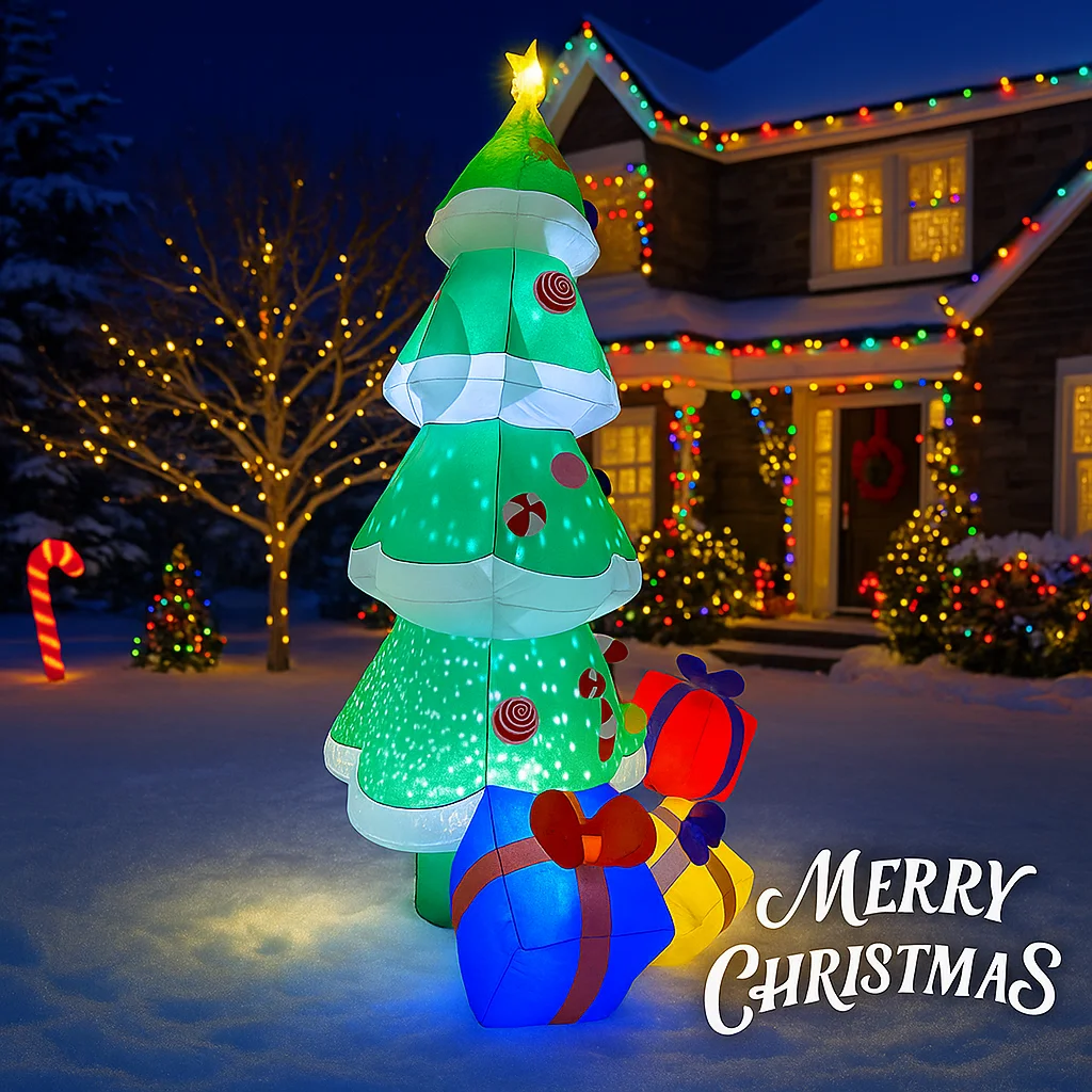 7.87FT Inflatable Toy Christmas Tree Gift Boxes Xmas Yard Decoration LED Lit Christmas Supplies Home Decor Ornament Festive Gift