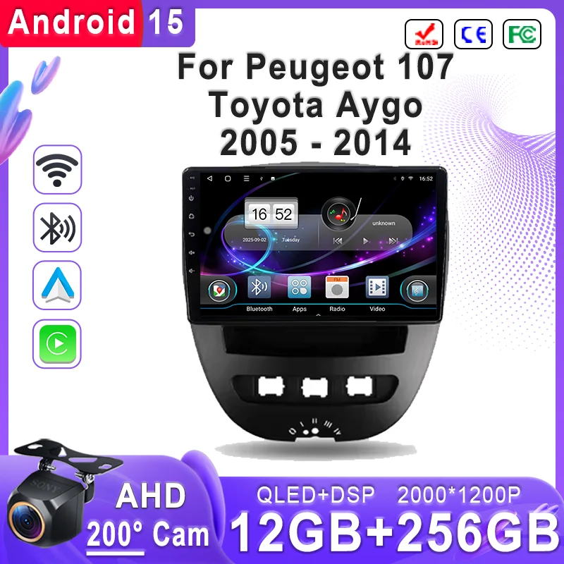 

Plug and Play For Peugeot 107 For Toyota Aygo 2005 - 2014 High-performance CPU GPS Navigation Android 15 Car Stereo Wifi DVD BT