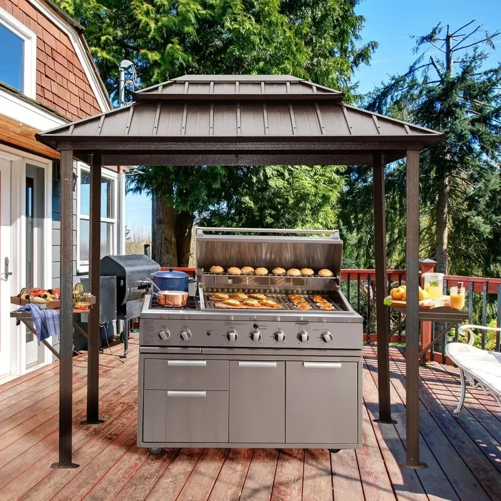 8'x6' grill gazebo hardtop alumínio churrasco gazebo com prateleiras de barra e ganchos de teto, telhado duplo de metal ao ar livre gazebos para pátio