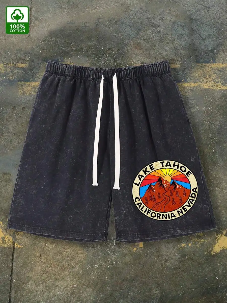 

Mens Washed Cotton Shorts With Lake Tahoe Print, Casual Drawstring Waist Shorts