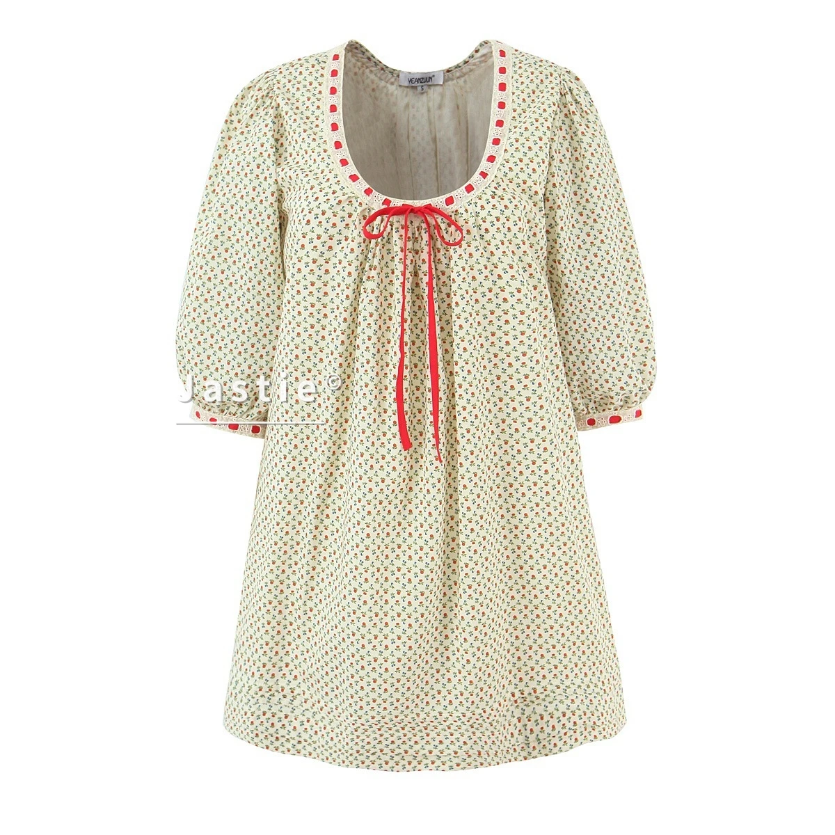 Vestido Mini Floral Kawaii Francés para Mujer, Vestido Corto de Verano con Lazo Rojo, Manga Abullonada, Algodón, Línea A, Estilo Dulce Lolita Cottagecore