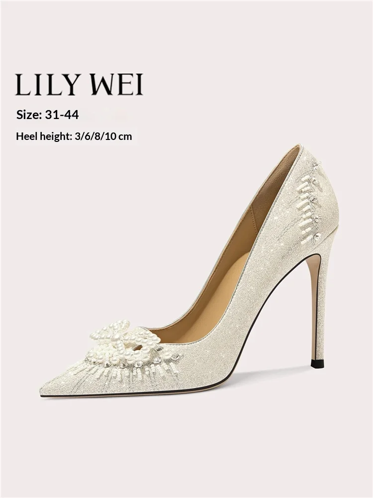 

Spring new pointed toe shallow diamond pearl bow sequin wedding shoes banquet large size small size thin high-heeled women shoes