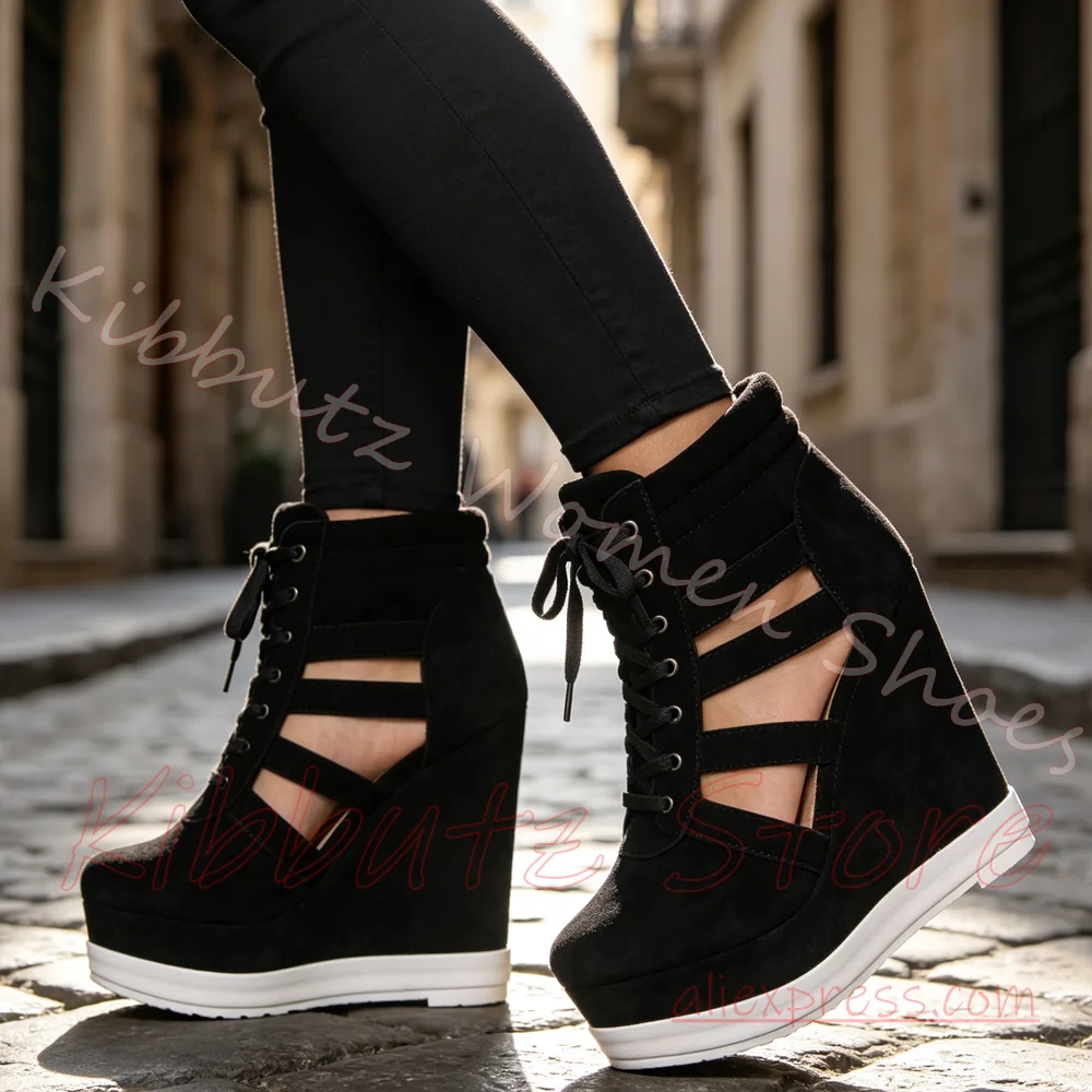 Wedge Platform Ankle Boots Women Leopard Print Cutout Lace Up Punk Casual Mixed Color Leather Shoes Round Toe Fashion Luxury New