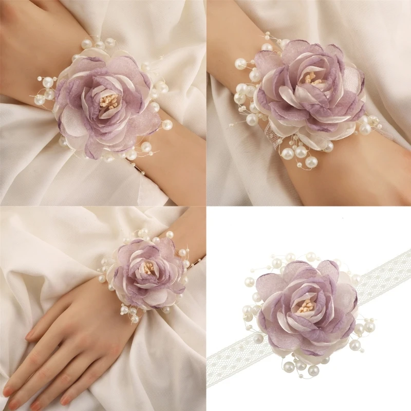 

Romance Pearls Decors Wrist Flower Organza Wedding Wrist Corsage Jewelry For Bride Reception Comfortable Ribbon Wristband 55KA