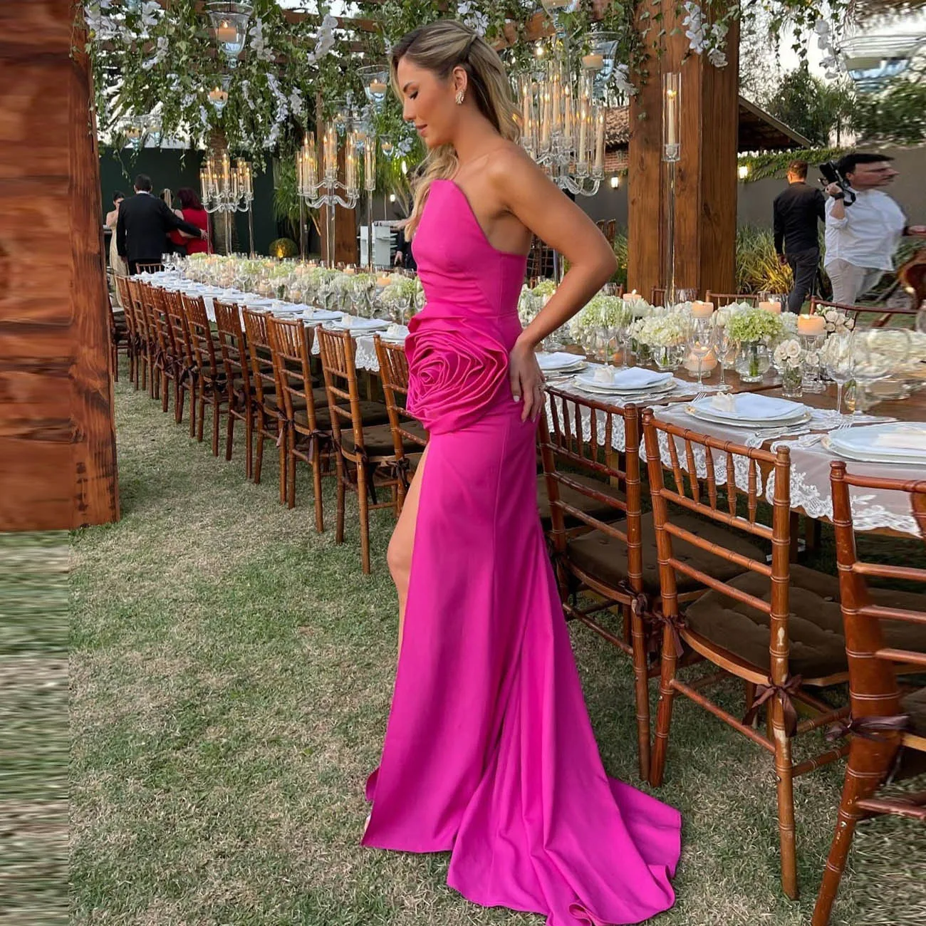 Fuchsia Mermaid Prom Dresse With Handmade Flowers High Slit vestidos de noche Summer Beach Evening Party Dress