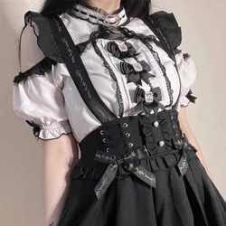 Süßes süßes Spitzen-Kurzarmhemd kawaii Frauen lolita y2k Bluse im japanischen Stil elegantes schulter freies ästhetisches Oberhemd