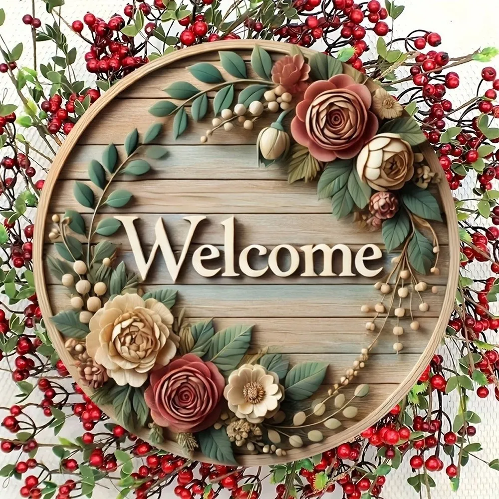 New 2D Flat 2D Round Welcome Sign Retro Style Cat Print Hanging Wooden Board Warm Home Floral Print Wall Sign Home Decor