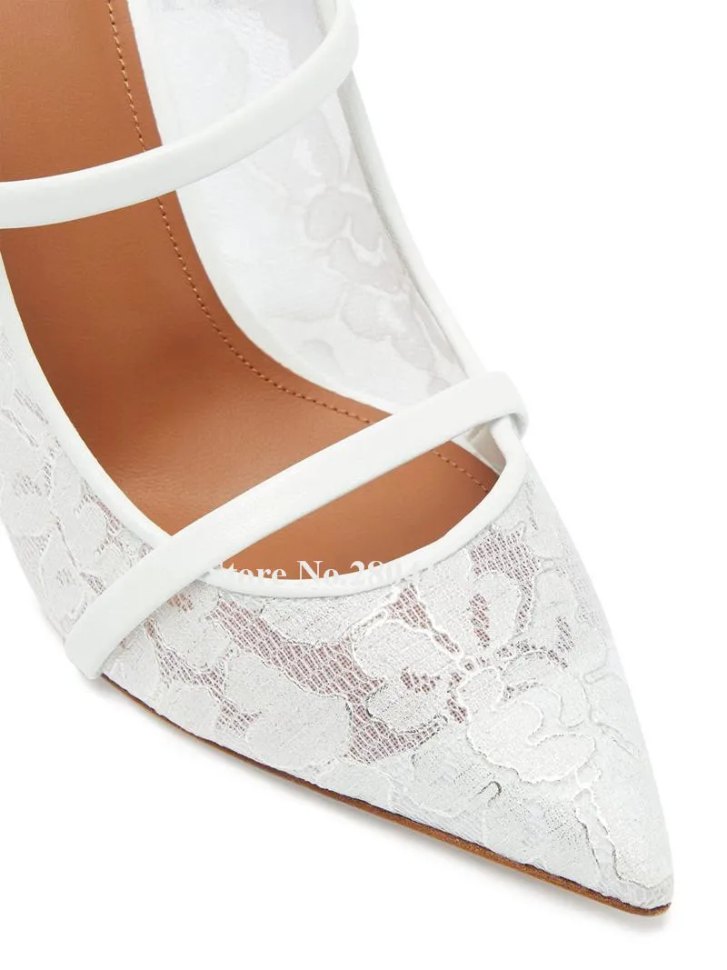 Décolleté in pizzo bianco da donna Pantofole sexy con tacco a spillo in rete con punta a punta ritagliata Scarpe da sposa con tacco alto di grandi dimensioni