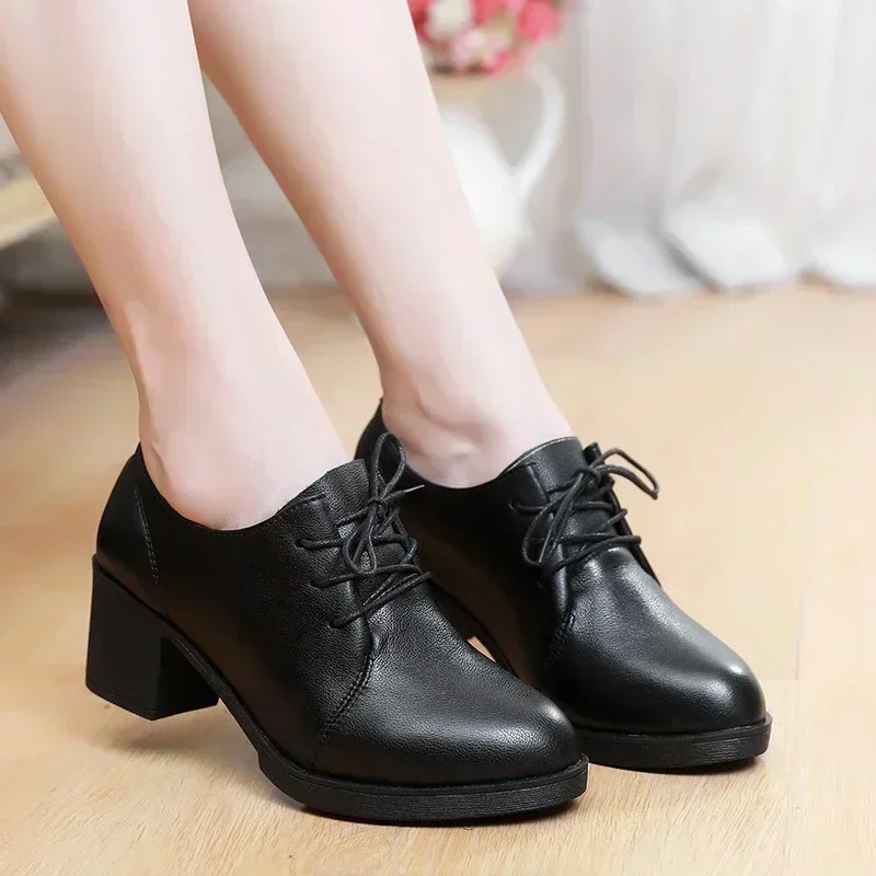 

Women's Comfortable Heeled Shoes Shallow Mouth Square Heel Round Head Women Shoes Lace Up Leisure Profession Black Heels 2024