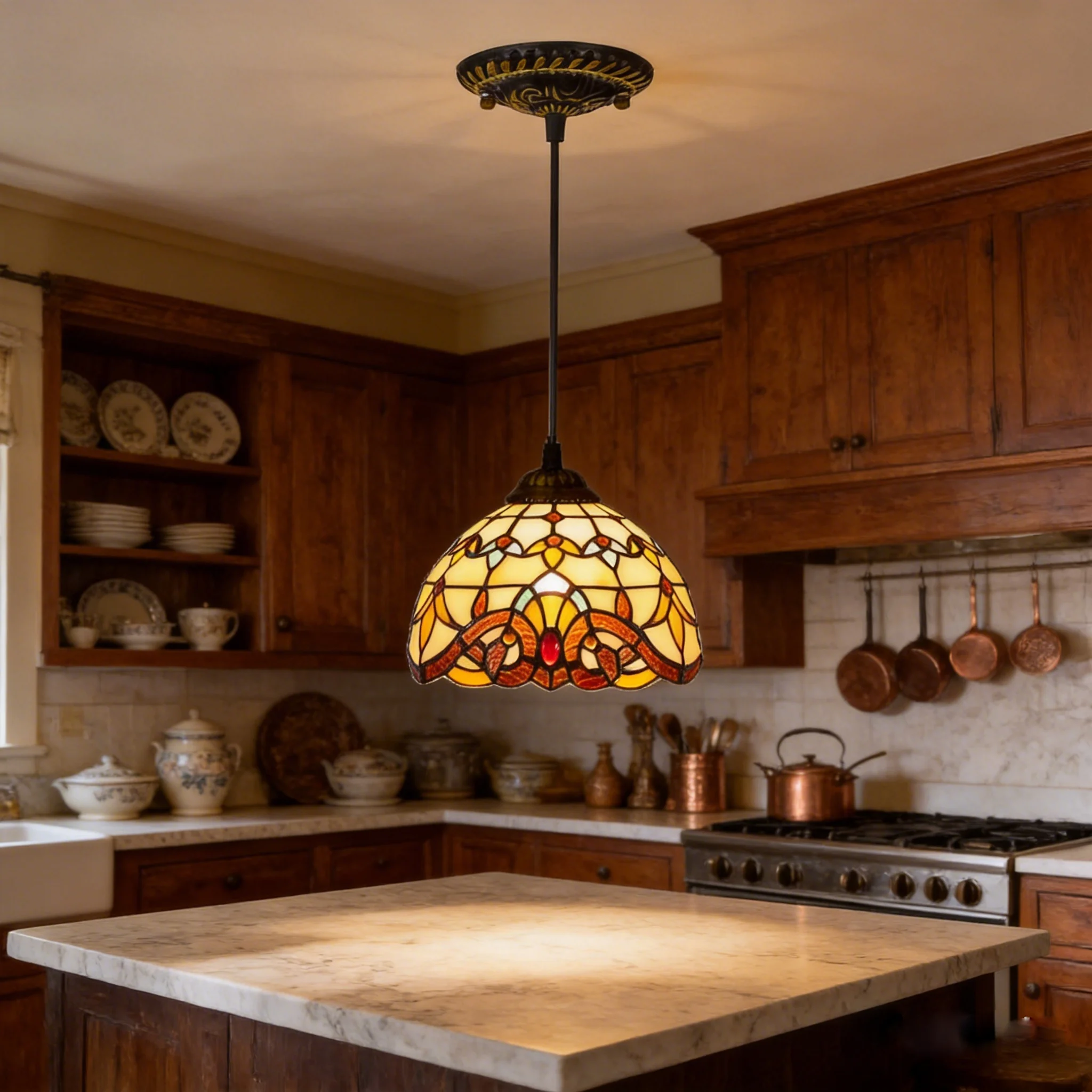 Tiffany Stained Glass Lampshade Decorative Pendant Light Retro Baroque Hanging Lamp for Dining Room Bar Corridor Bedside