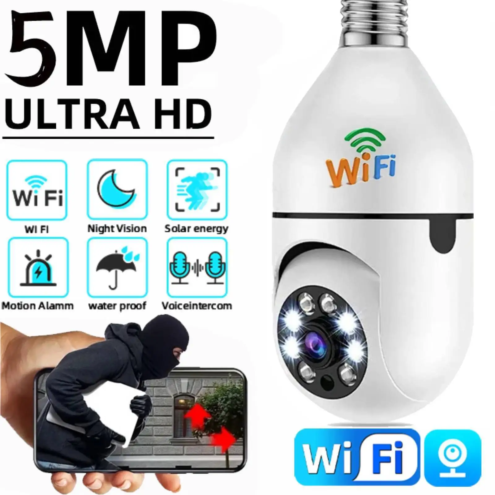 

5MP E27 Bulb Wifi Surveillance Camera Automatic Human Tracking 4X Digital Zoom Full Color Night Vision Indoor Security Monitor