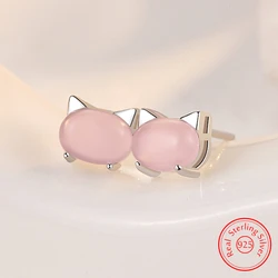Real 925 Stelring Silver Jewelry Opal Cute Cat Stud Earrings For Woman Fashion New XY0278
