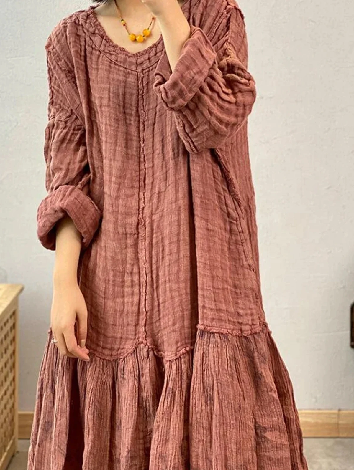 Summer Daily Long Dress Women O Neck Long Sleeve Maxi Vestido Elegant Folds Patchwork Raw Trim Loose Sundress Solid Robe Femme