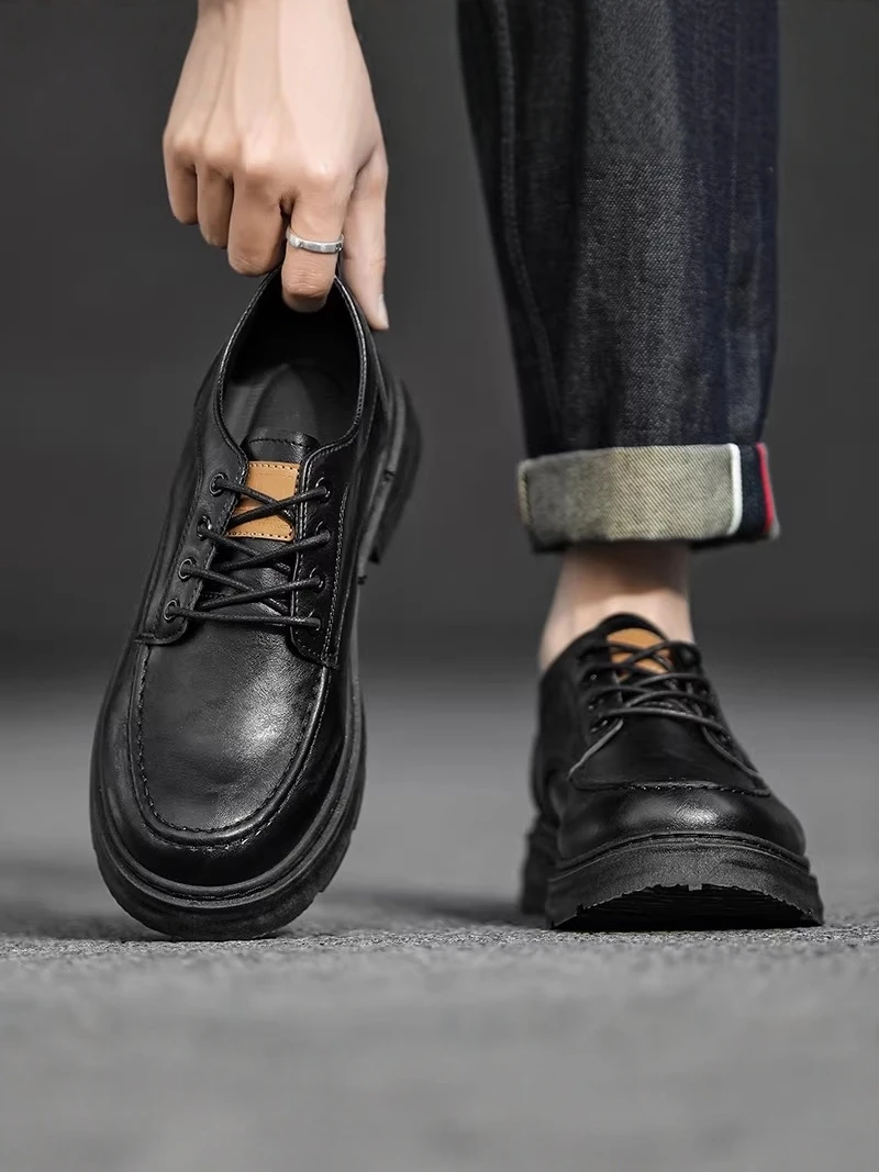 

Casual Leather Shoes Men's 2026 New Summer Youth Black British Style Thick Bottom Anti-slip Wear-resistant Sports Board Shoes