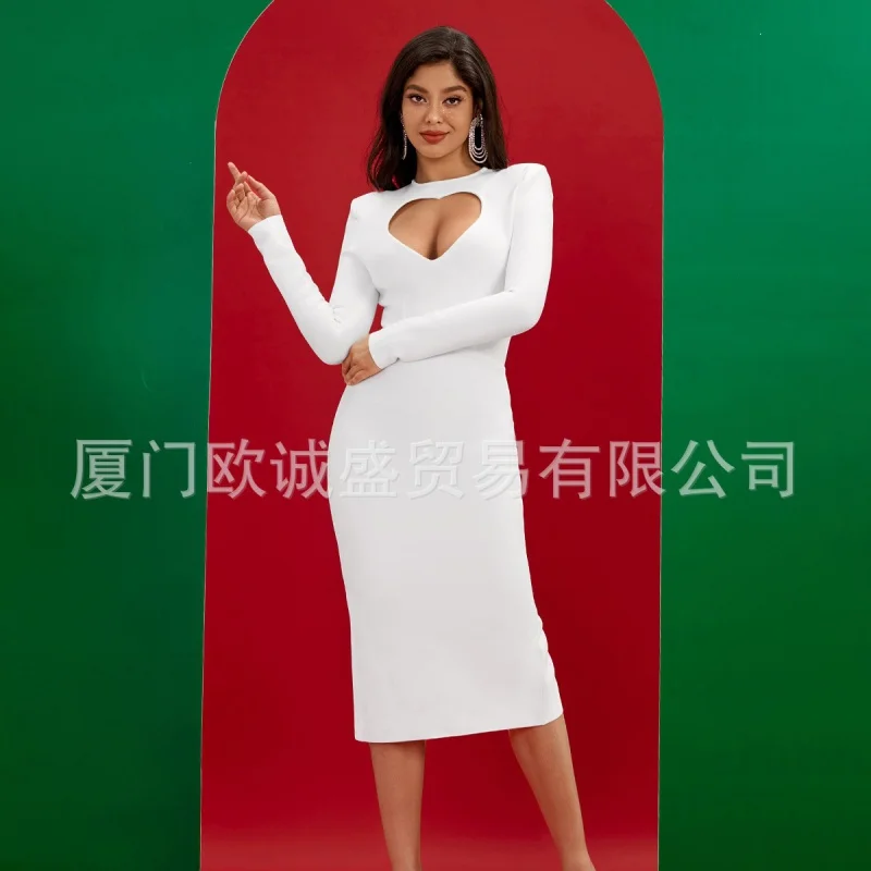 

Cross-Border Bandage One-Piece Dress Long Sleeve Hollowed Heart Shape Bandeau Sexy Slim Temperament Women's Clothi