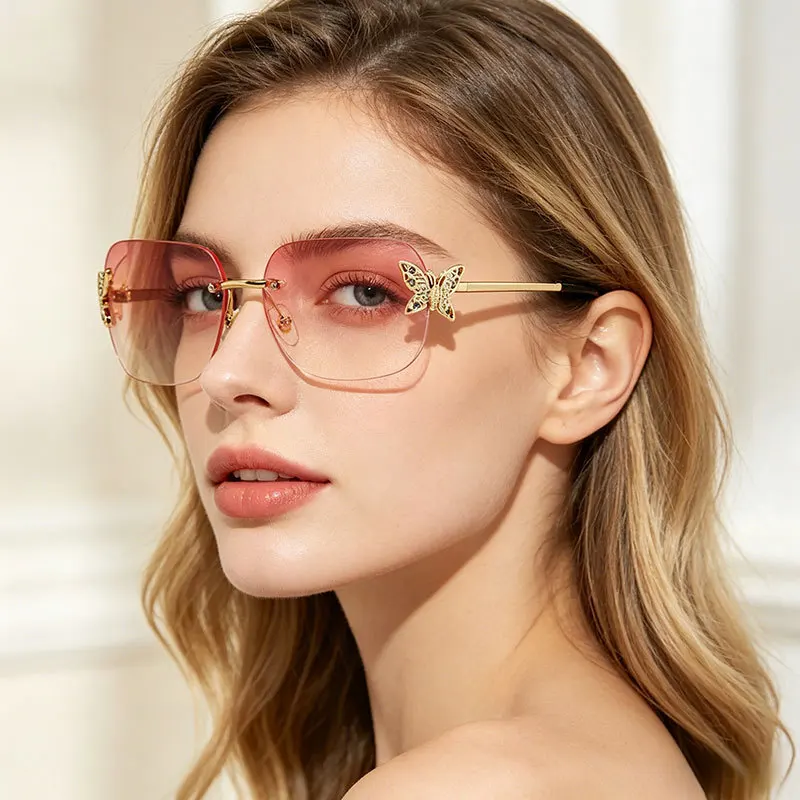 

New Diamond-Encrusted Rimless Butterfly Sunglasses for Women Retro Brand Designer Fashion Unique and Trendy UV400 Shades Eyewear