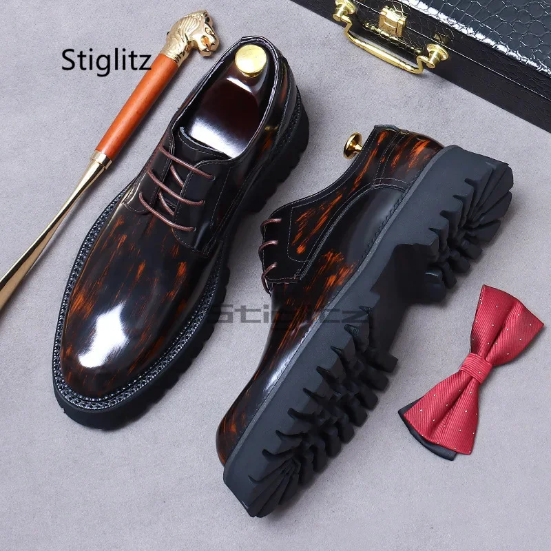 

British Style Thick-Soled Dress Leather Shoes for Men Round Toe Polished Retro Cowhide Non-Slip Business Shoes Men's Derby Shoes