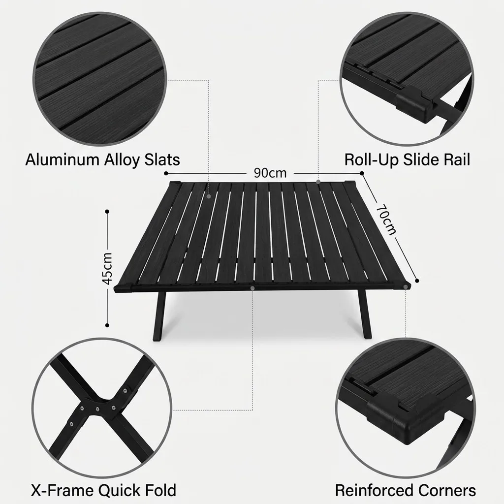 Modern Full Aluminum Alloy X-Frame Quick Fold Embedded Slide Desk Medium Size Widened Double Sided Tabletop for Outdoor Camping