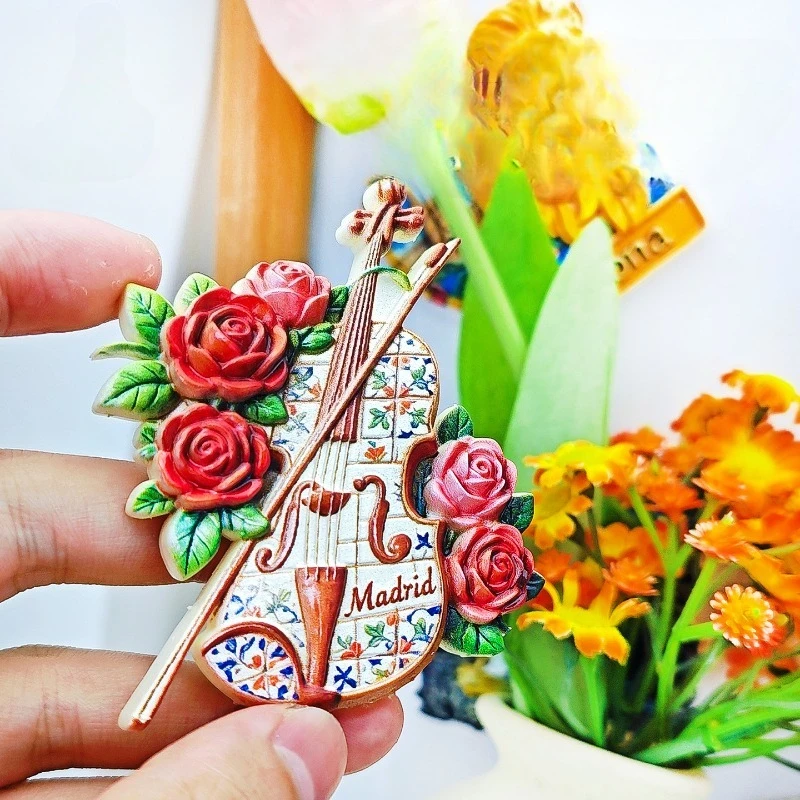 Madrid Violin Fridge Magnet - Elegant 3D Floral Music Souvenir Unique Spanish Art Gift for Travel & Music Lovers Home Decor