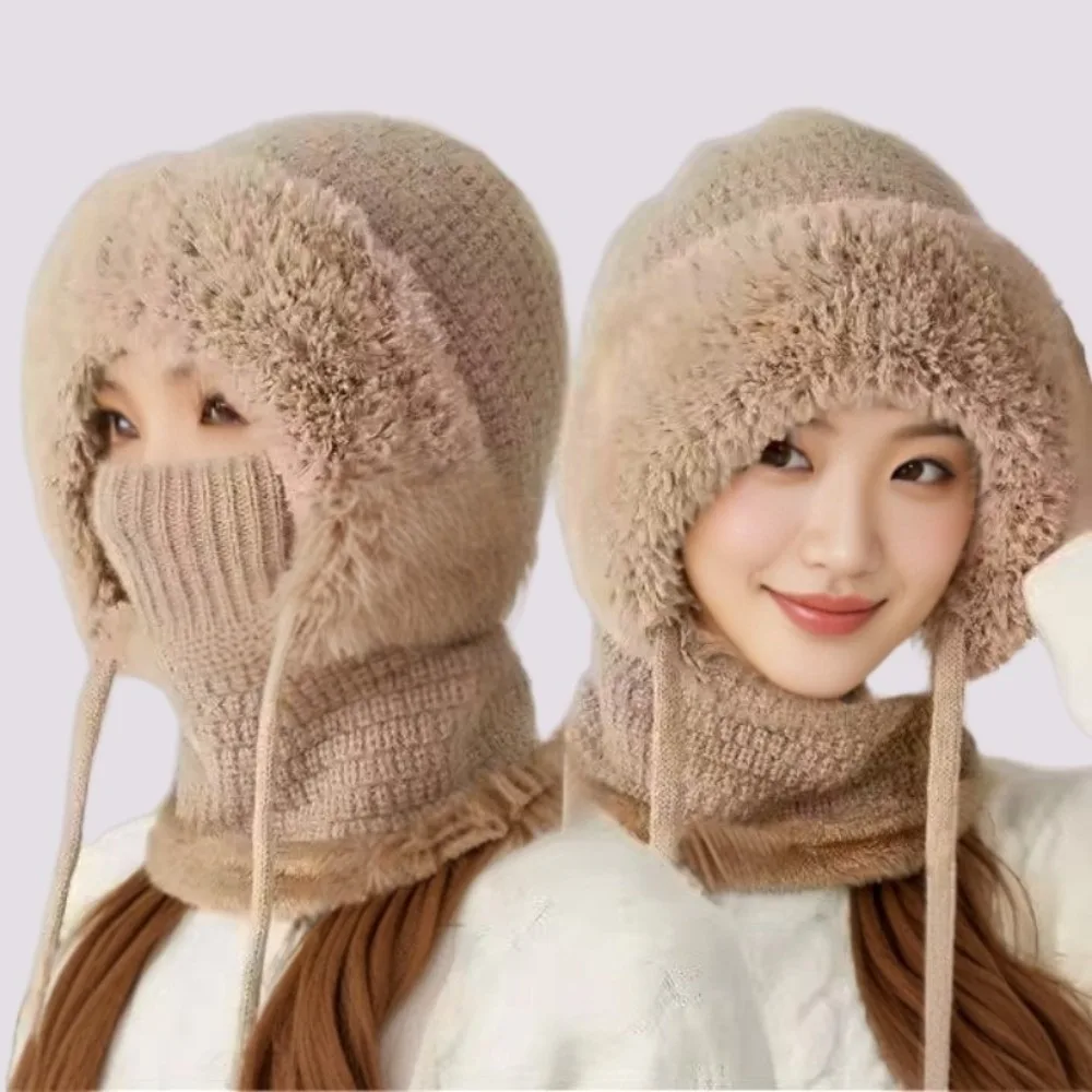 Fashion Multi functional Balaclavas Hat Plush Solid Color Knitted Beanies Hat With Ties Bib Mask Neck Cover Set Male