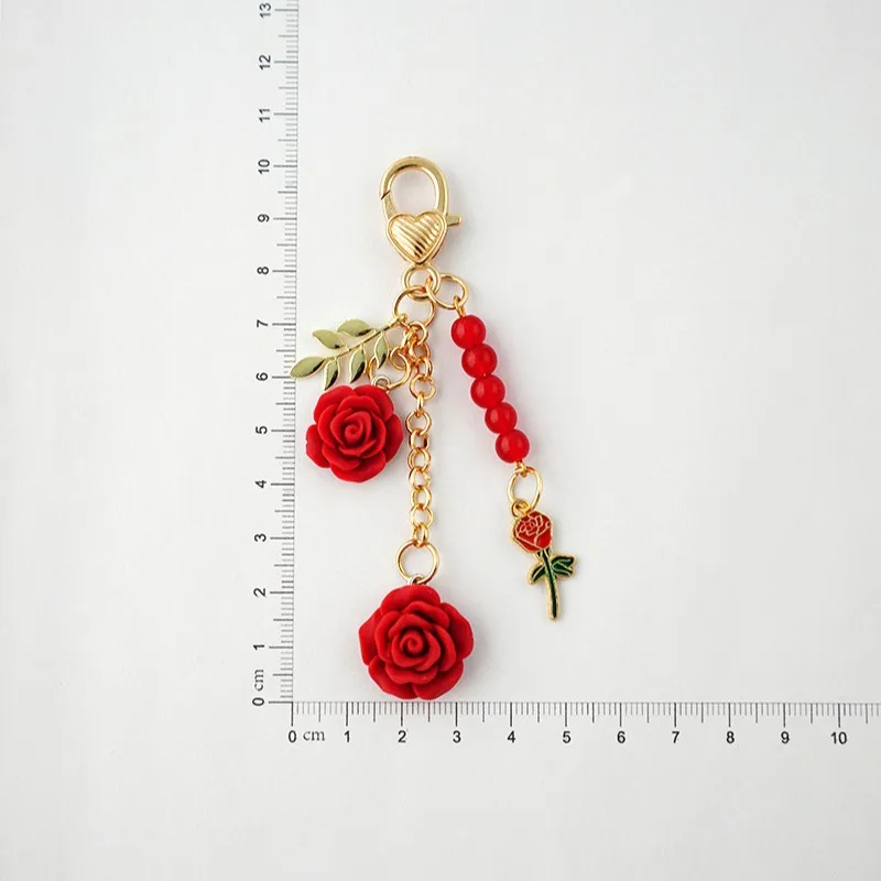 Rose Camellia Keychain Women Girls Sweet Pearl Tassel Flower Keyring With Metal Leaf For Earphone Case Bag Decoration