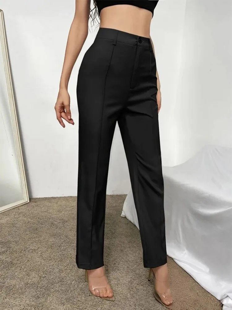 2024 New Fashion Casual Women\'s A-line Pants High Waisted Solid Black  Color Suit Seam Details Suit Straight Trousers