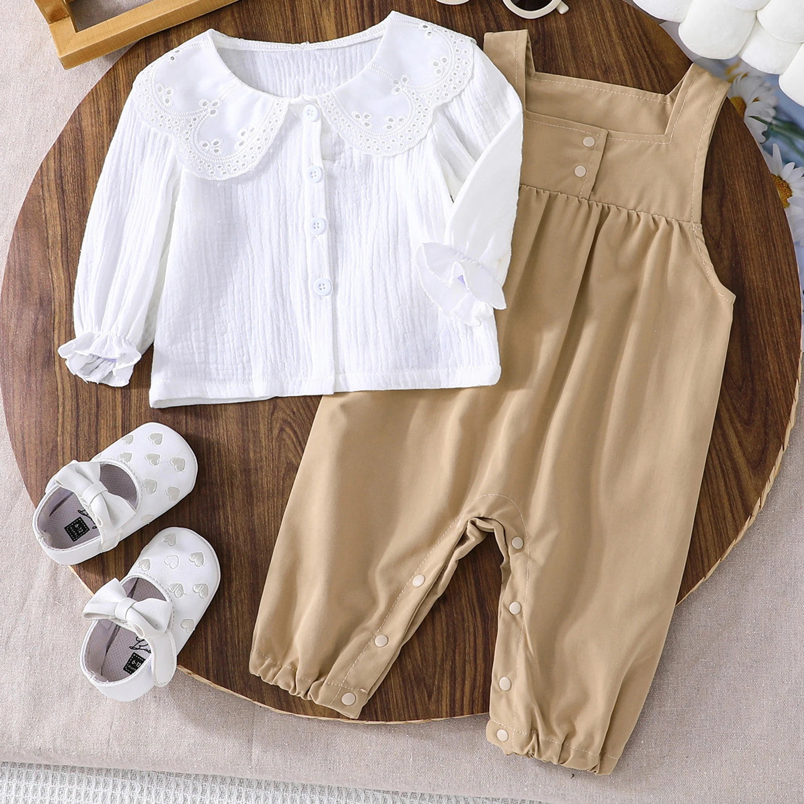 2PCS Baby Girls Spring Outfits Long Sleeve Doll Collar Tops + Overalls Set Toddler Clothes