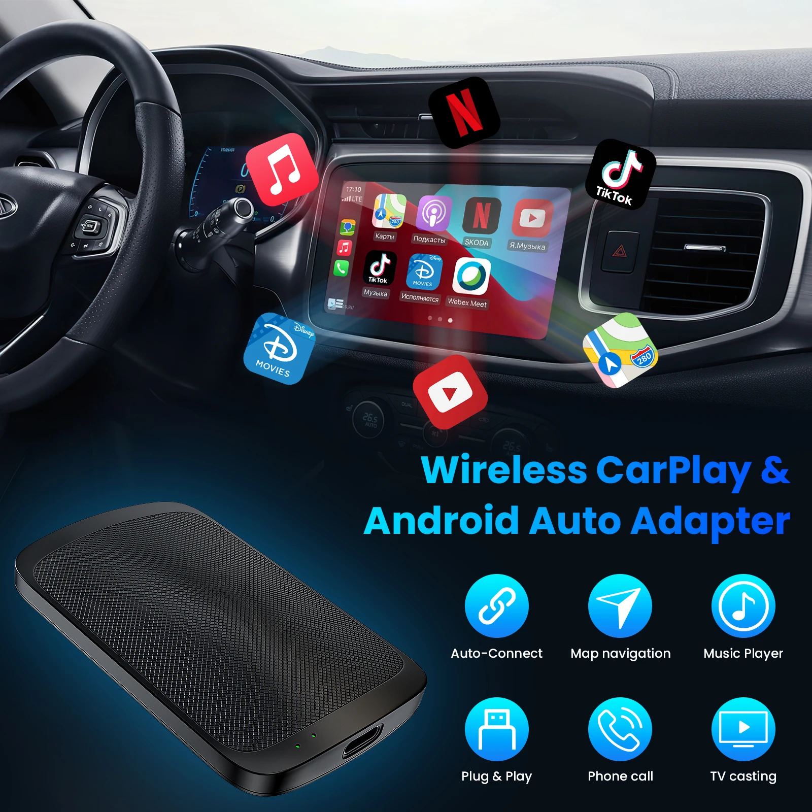 OEM السلكية CarPlay Cars Wireless Carplay Android Auto محول مع Netflix YouTube TikTok Google Play