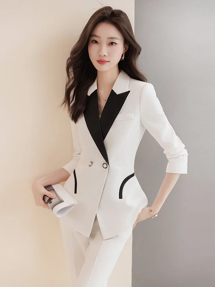 White Suit Jacket Women's Professional Host Style Spring Autumn New Arrival High Fashion Color Block Elegant Lady Suit Set