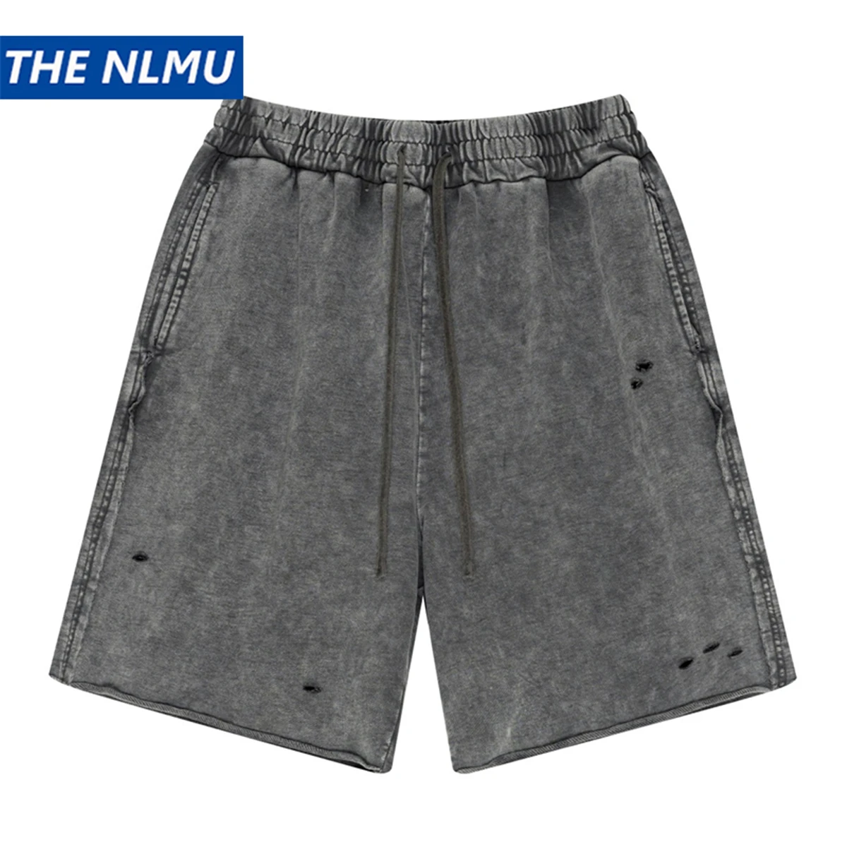 2026 Vintage Washed Shorts Men's Distressed Cotton Shorts Unisex Elastic Waist Retro Destroyed Short Pant