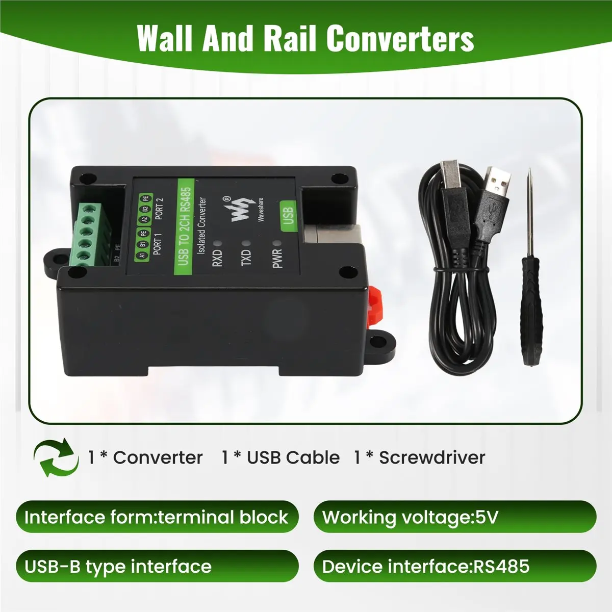 #45V Industrial Grade Converter,Waveshare USB to 2 Channel RS485 Industrial Grade Isolated Converter (ABS)