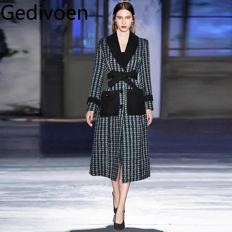 

Gedivoen Women's New style Coat Notched Single-Breasted Long-Sleeved Lace-Up Slim Autumn and Winter Blue/Red Plaid Overcoat