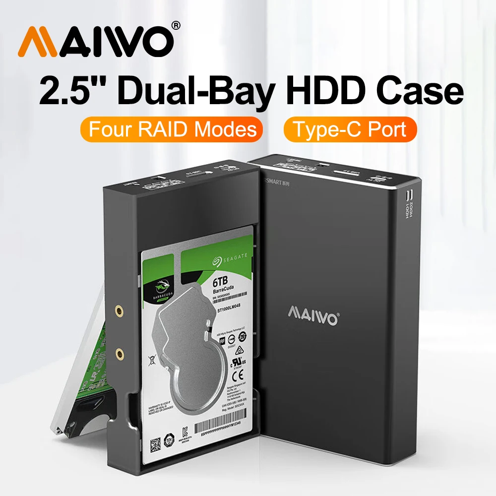 MAIWO Mobile Hard Disk Box RAID Disk Array Dual Bay 2.5'' Solid-state Mechanical Serial Port External Box with Protective Cover