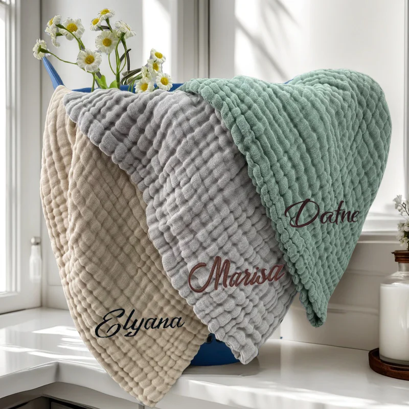 Personalised Name Baby Bath Towel Six Layer Gauze Cotton Quick-Dry Absorbent Swaddle for Newborn Nursing Travel & Beach Blanket