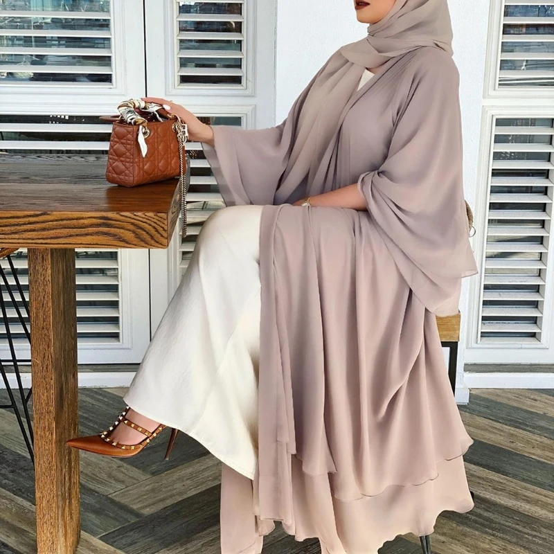 Women Muslim Long Sleeve Flowy Maxi Cardigan Islamic Open Front Kimono Abaya Robe Turkey Kaftan Solid Color Belted Loose Dubai