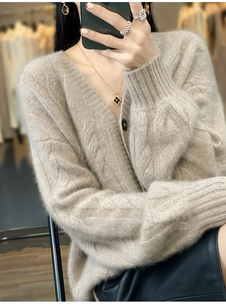 V-neck Cashmere Cardigan for Female, 100% Pure Cashmere, Twisted Flower, Long Sleeve, Thick Knit Coat, Loose Sweater Top