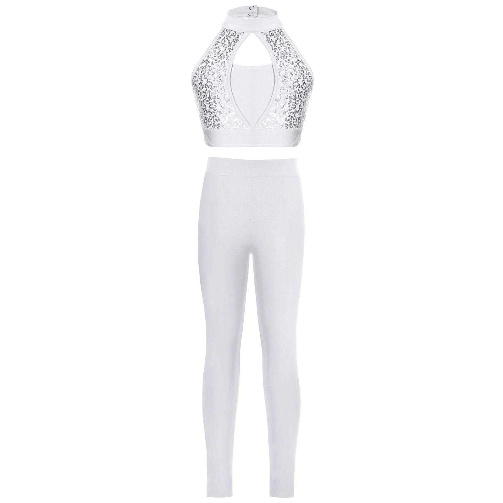 Girls Dance Outfit Sequin Crop Top & Elastic Pants Set Hollow Front Keyhole Back Ballet Gymnastics Figure Skating Dance Costume