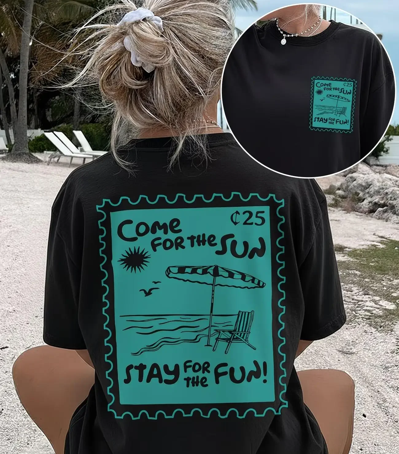 Vintage Stamp Beach Graphic Tee Women Come For The Sun Stay For The Fun  T Shirt Retro Aesthetic Harajuku Streetwear Top
