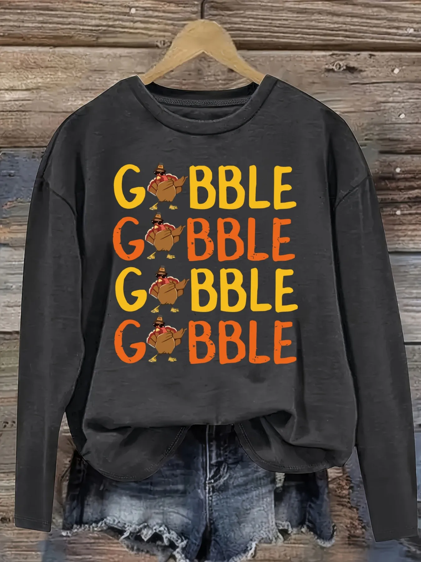 Women's Casual Long Sleeve Crew Neck T-Shirt Gobble Gobble Gobble Gobble Turkey Design, Round Neck Women's Clothing, Machine Washable, Slightly Elastic, Loose Fit, Spring Autumn Winter Women's T-Shirt, Halloween Costume Outfit