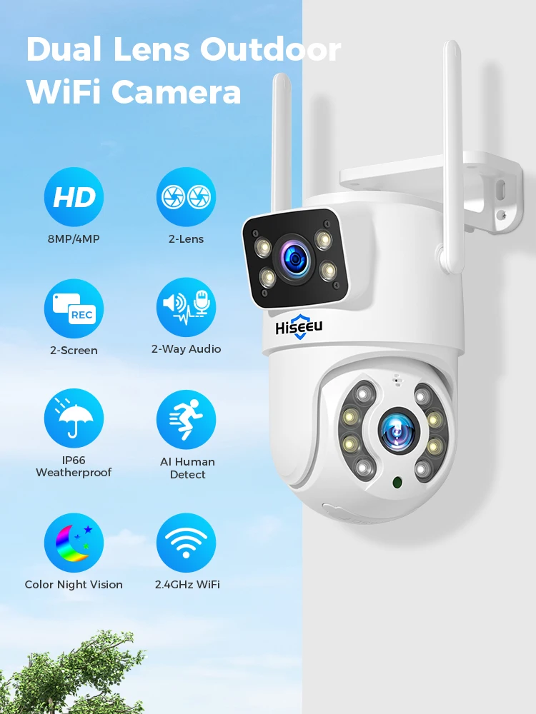 Hiseeu 4K 8MP Kamera Smart z Wi-Fi, podwójny obiektyw, 4-krotny zoom cyfrowy, wykrywanie ludzi za pomocą AI, bezprzewodowa kamera IP PTZ do zewnętrznej ochrony — 2