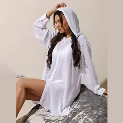 Women's Hooded Beach Cover-Up Shirt, Lightweight Long Sleeve Swimwear Tunic in White for Summer Vacations Relaxed beach outfit