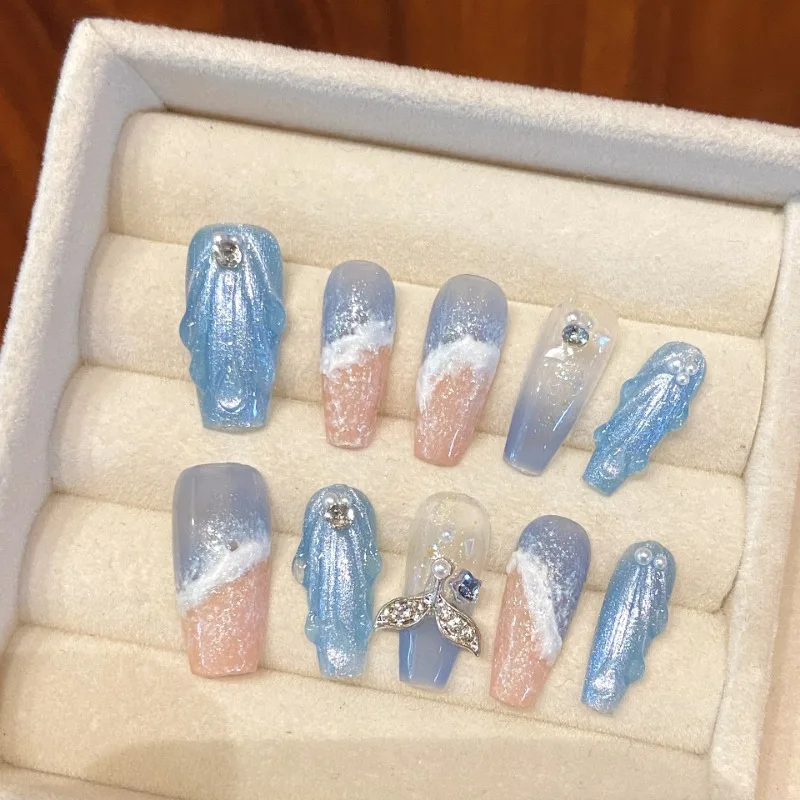 10Pcs Medium Beach Waves Fake Nails with 3D Fish Tail Rhinestone Design False Nails Full Cover Nail Tips Handmade Press on Nails