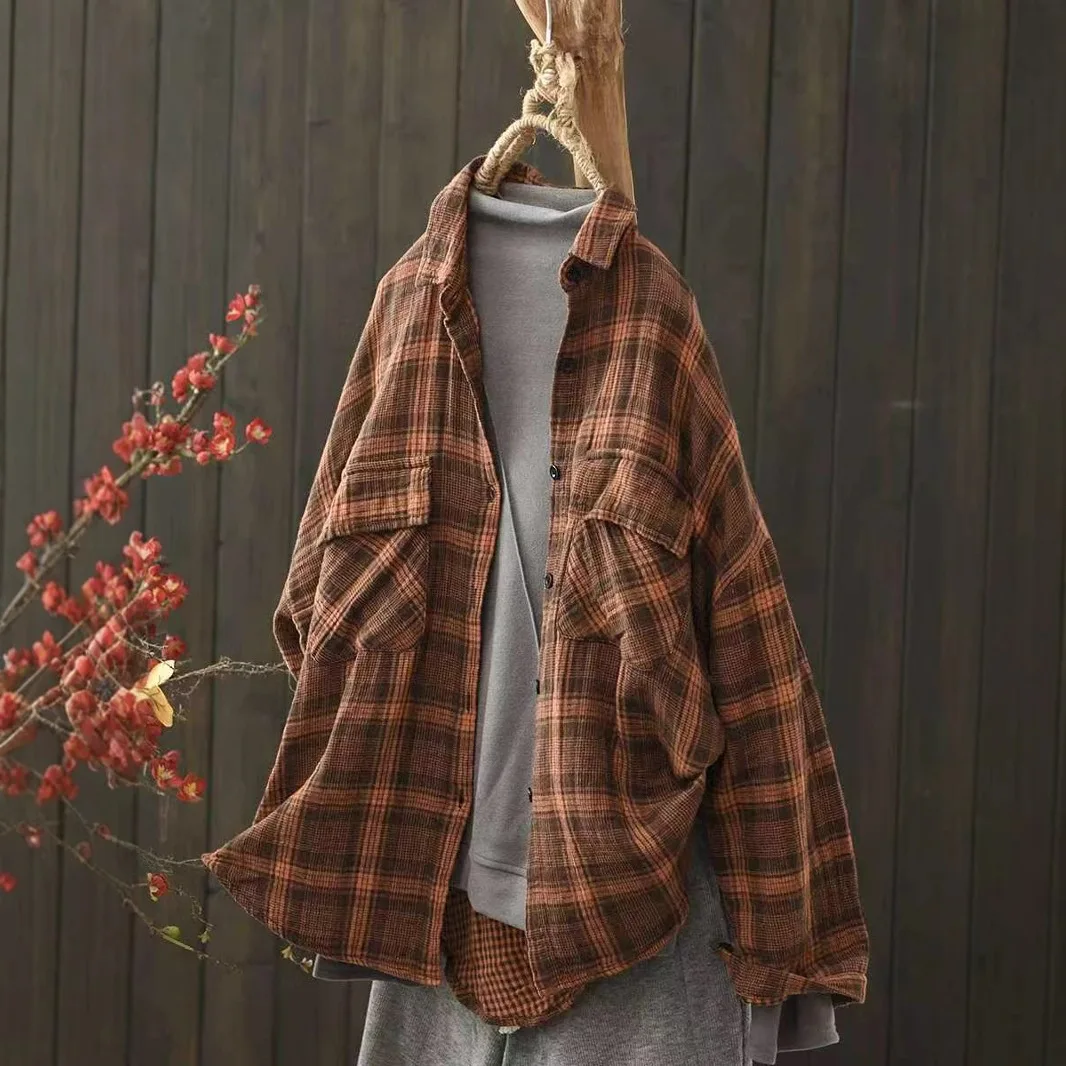 بلوزة نسائية كاجوال بأكمام طويلة وأزرار لأعلى منقوشة بطبقة مزدوجة من غزل القطن بألوان متباينة للخريف ملابس يومية فضفاضة