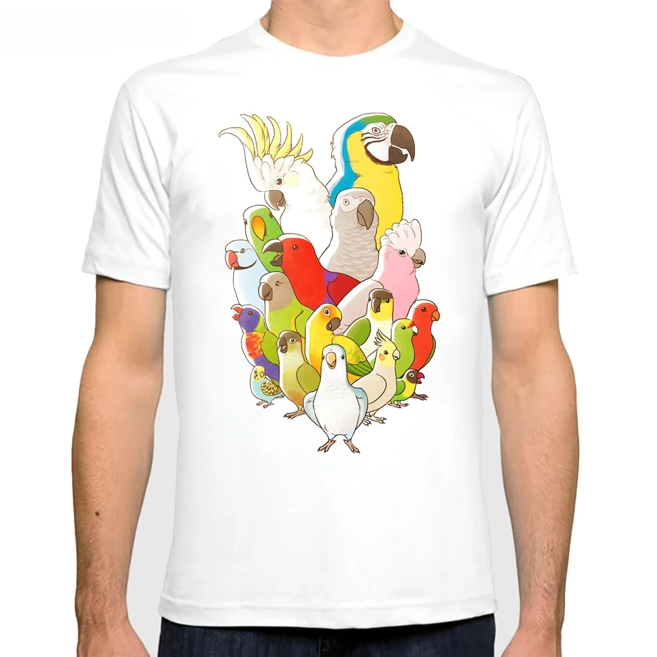 Newest Funny Parrot Party T-Shirt Fruit Birds Design T Shirt Men Summer Geek Cute Style Tops Hipster Tees streetwear